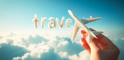 Hand holding a model airplane and the word travel written in the sky with a clouds background, a travel concept
