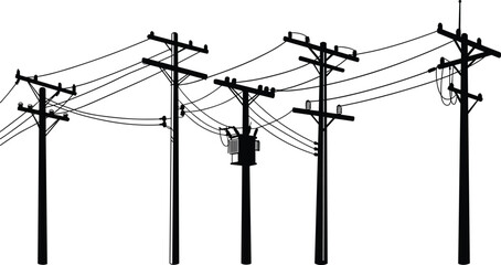 Silhouette of high voltage power lines, utility poles, electrical infrastructure, urban landscape, black and white vector, energy transmission, industrial electricity distribution design