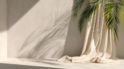 Elegant Interior with Palm Tree Shadow A Serene Scene of Light, Texture, and Design