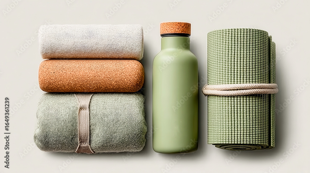 Aufkleber a green bottle of lotion sits on top of a stack of towels. the towels are folded neatly and are arra