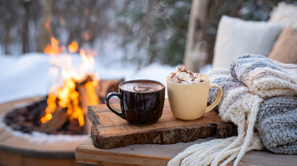 Cozy outdoor setting with steaming mugs of hot chocolate by a crackling fire surrounded by snow and warm blankets