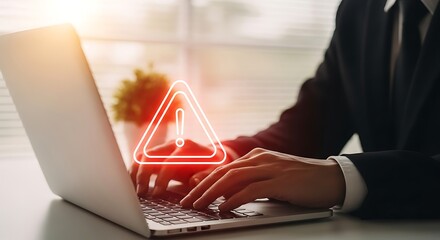 Businessman typing on laptop with glowing red warning triangle alert symbol overlay danger error