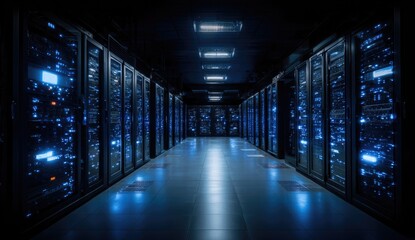 Obraz premium Dark server room lit by blue light