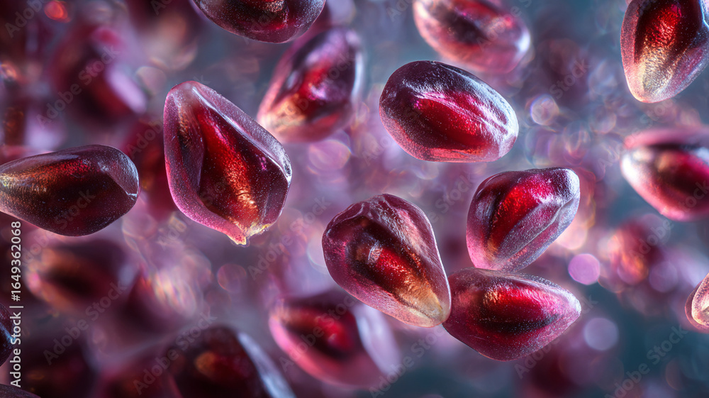 Poster pomegranate seeds in macro diagonal composition create vibrant and dynamic visual. rich red hues and