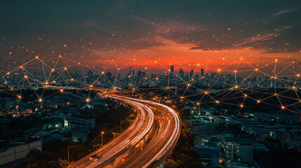 Futuristic cityscape at twilight with an overlay of a glowing digital network, symbolizing global connectivity and advanced urban data flow.
