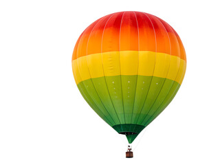 Fototapeta premium A colorful hot air balloon with a green stripe and a yellow stripe. The balloon is floating in the air and is the center of attention