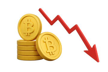 A downward trend in the value of Bitcoin is shown in a graph. The graph is red and the Bitcoin coins are yellow