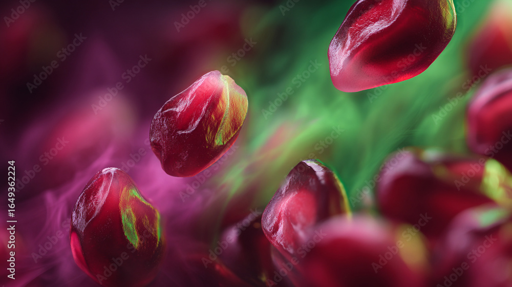 Poster vibrant pomegranate seeds float against colorful, smoky background, creating dynamic and surreal com