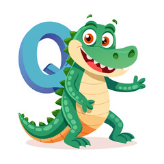 Obraz premium Playful Alligator Character with Large Alphabet Q, Fun Educational Illustration for Kids, Children’s Book, Learning, Alphabet Design Vector