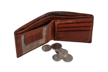 Brown leather wallet, empty wallet and no paper currency. Wallet with changes inside, bankrupt and...
