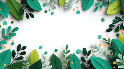 Green leaf border with white space, decorated by green and orange dots, ideal for wallpaper and poster, showcasing natural botanical design with fresh vibrant aesthetic