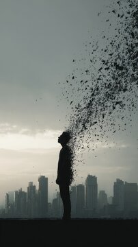 Silhouette figure disintegrating into particles against a cityscape and cloudy sky