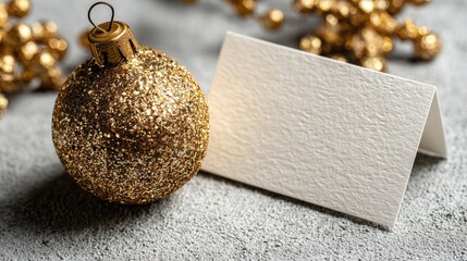 Christmas gold glitter bauble beside blank card on gray texture, festive holiday decor for greeting or gift tag with elegant luxury sparkle design