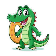 Playful Alligator Character with Giant Alphabet O, Fun Kids Illustration, Educational Animal Cartoon, Colorful Children’s Book Art Design