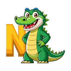 Playful Alligator Character Holding Big Alphabet N, Fun Learning Illustration for Kids, Educational Children’s Book Vector Design