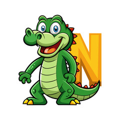 Playful Alligator Character Holding Big Alphabet N, Fun Learning Illustration for Kids, Educational Children’s Book Vector Design