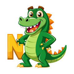 Playful Alligator Character Holding Big Alphabet N, Fun Learning Illustration for Kids, Educational Children’s Book Vector Design