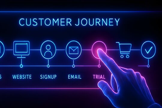 A neon illustration depicting a customer journey with stages like website visit, signup, email interaction, trial, shopping cart, and final checkout