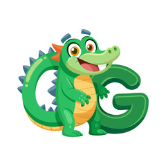 Playful Alligator Character with Big Alphabet G, Cute Children Book Illustration, Fun Cartoon Animal, Learning ABC, Educational Vector Art