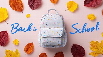 Light patterned backpack with autumn leaves and blue "Back to School" text, seasonal design for education promotions.