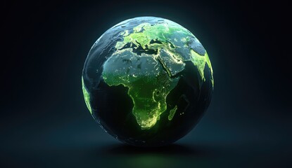 Illuminated Earth globe, showing continents in varying shades of green and dark
