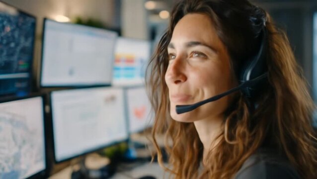 Smiling woman dispatcher working at a call center, using headset