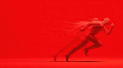 Obraz premium Red dynamic figure running with motion streaks on red background symbolizing extreme speed, sports energy concept.