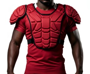 Front view red padded shoulder pad protection with segmented foam panels worn by athlete for football or rugby contact sports safety