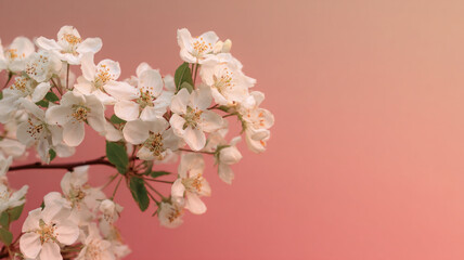 Obraz premium Delicate white blossoms with green leaves against pale blush pink gradient background create serene and elegant atmosphere. soft colors and gentle composition evoke sense of tranquility