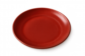 Vibrant red ceramic plate casting sharp shadows, highlighting clean lines and glossy surface against transparent background