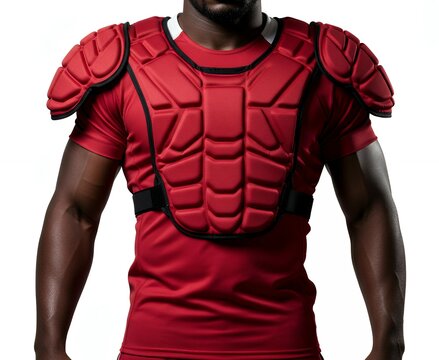 Front view red padded shoulder pad protection with segmented foam panels worn by athlete for football or rugby contact sports safety