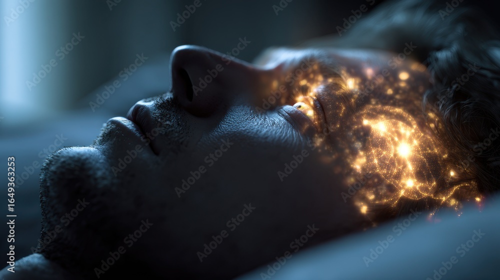 Poster visualization of intense brain activity during rem sleep, represented by glowing eyes and neural net