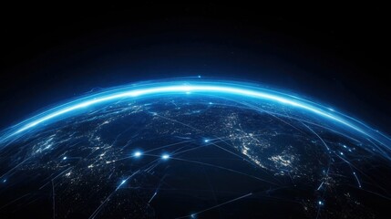 Obraz premium Vibrant Blue Planet With Network Connections at Night Sky