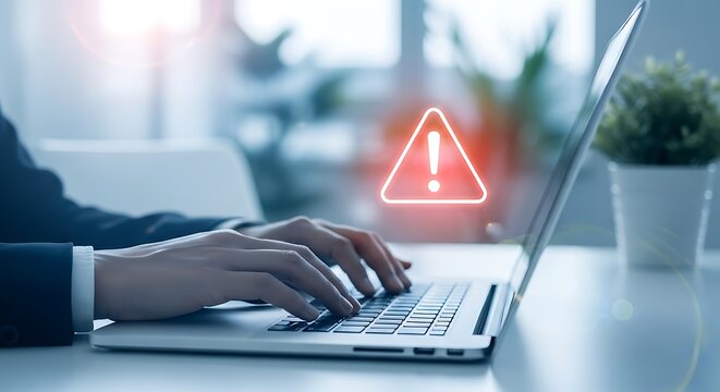 Close up of hands typing on laptop with red warning alert symbol and lens flare danger error