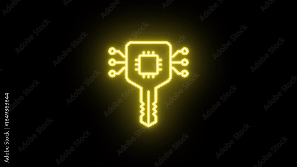 Poster neon digital key icon, color flicker. glowing neon protection key icon, looped color blink animation