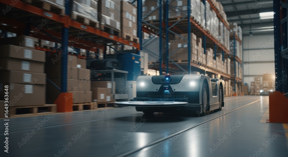 Poster tracking shot of autonomous tug navigating cluttered warehouse environment to deploy wireless chargi