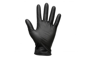 Black nitrile glove showing open hand gesture on a transparent background, ideal for safety, hygiene, and medical concepts