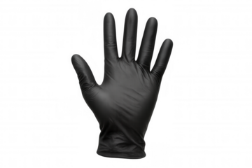 Black nitrile glove showing open hand gesture on a transparent background, ideal for safety, hygiene, and medical concepts