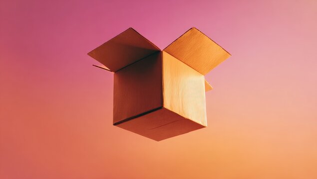 Open cardboard box, suspended in air, against a vibrant pink-orange gradient background - Powered by Adobe