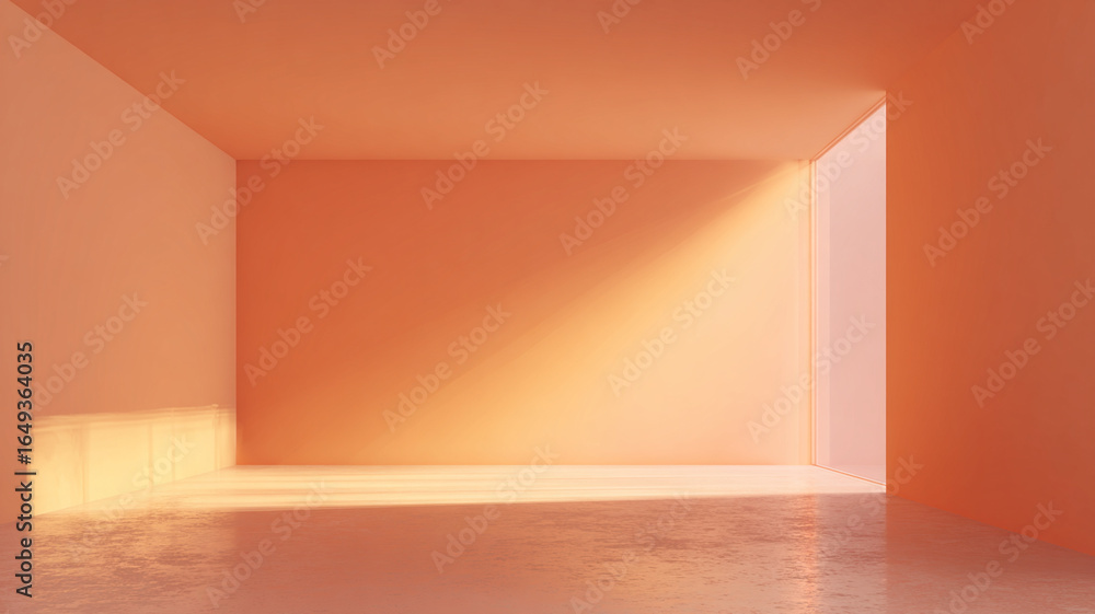 Poster Minimalistic peach colored room with soft light streaming through off center window, creating serene atmosphere. smooth walls and floor enhance tranquil setting