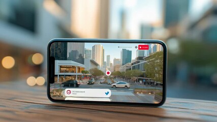 Smartphone placed on a wooden surface recording a busy modern city street with tall buildings, traffic, and pedestrians in daylight
