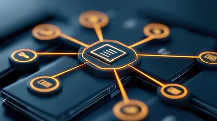 legal intellectual property enforcement concept. Digital network connections represented by icons on a dark background.