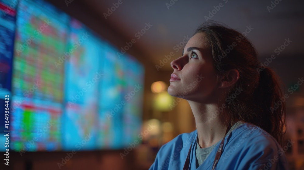 Poster nurse in a medical command hub eyes fixed on patient status alerts displayed on a large triage scree