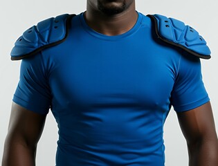 Professional padded protective sports shoulder armor gear worn over blue athletic shirt for rugby football training impact absorption
