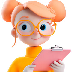 Playful cartoon style image of a young smiling girl with pigtails wearing bright orange clothing and glasses holding a clipboard and appearing eager to learn