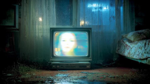 Eerie vintage television in dark abandoned room displaying ghostly face. Horror movie scene concept with spooky atmosphere and paranormal activity