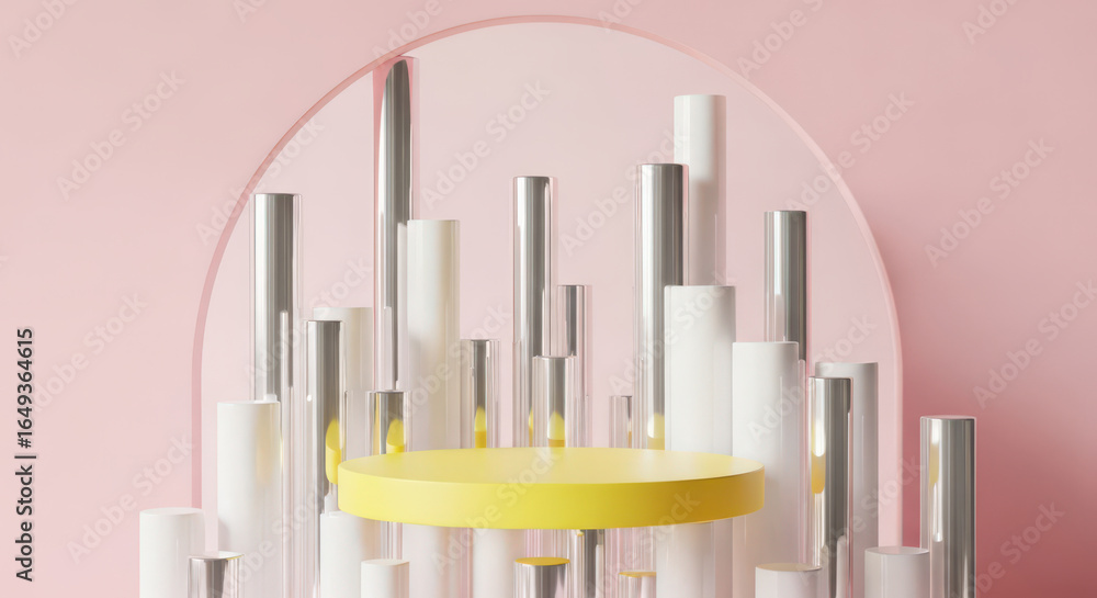 Aufkleber modern abstract display with cylindrical columns and a yellow podium against a soft pink backdrop, i