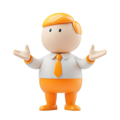 Cartoon style illust n of a happy young professional businessman in an orange outfit making a friendly open armed gesture in an office setting