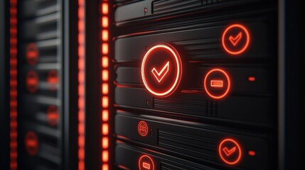 legal intellectual property enforcement concept. Futuristic server with glowing red accents and checkmark symbols.