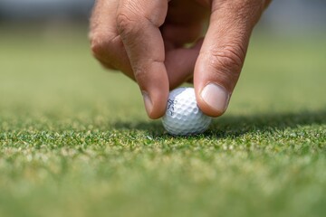 Close-up of a hand placing a golf ball on a green